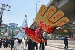 A large number of mourners attending the procession on 10th of the Holy Month of Muharramul Harram. Muharram is the mourning month in remembrance of the Shahadat of Hazrat Imam Hussain (RA), the Grandson of the Holy Prophet Mohammad (PBUH)