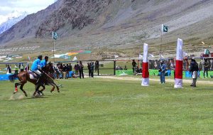 A view of free style polo match between Chitral Laspur and Gheezar teams during the opening ceremony of Shandur Polo Festival 2026 at the world’s highest polo ground
