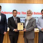 Vice Chancellor CUST Dr. Mansoor Ahmad presenting souvenir to Chief Guest Dr. Sultan Azam Temuri, former IGP Islamabad during a seminar “Cyber Security: The Next Defence Frontier” at Capital University of Science and Technology (CUST)