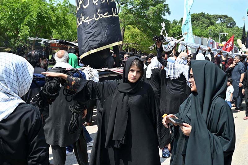 A large number of mourners attending main procession on 9th of Muharramul Haram at G-6. Muharramul Harram known as the first month of the Islamic calendar and the mourning month in remembrance of the martyrdom (Shahadat) of Hazrat Imam Hussain (RA), the grandson of the Holy Prophet Mohammad (PBUH)