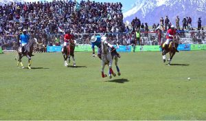 A view of free style polo match between Chitral Laspur and Gheezar teams during the opening ceremony of Shandur Polo Festival 2026 at the world’s highest polo ground