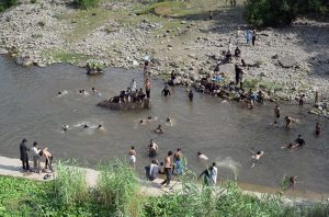 Youngsters dive and swim in Korang Nullah to seek relief from the scorching summer heat