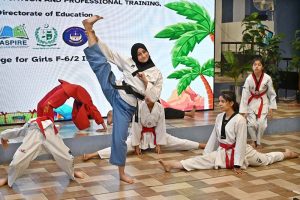Students demonstrating their taekwondo skills during the Summer School & Fiesta 2026 at Islamabad College for Girls, F-6/2