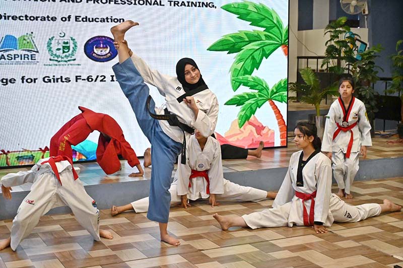 Students demonstrating their taekwondo skills during the Summer School & Fiesta 2026 at Islamabad College for Girls, F-6/2