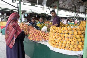 A fruit vendor displays a pyramid of freshly harvested mangoes alongside peaches, bananas and dates at a fruit stall at weekly bazaar H-9, Federal Capital