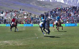A view of free style polo match between Chitral Laspur and Gheezar teams during the opening ceremony of Shandur Polo Festival 2026 at the world’s highest polo ground
