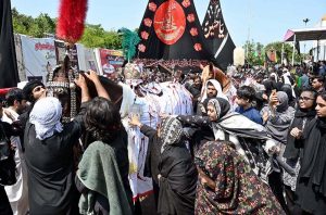 A large number of mourners attending main procession on 9th of Muharramul Haram at G-6. Muharramul Harram known as the first month of the Islamic calendar and the mourning month in remembrance of the martyrdom (Shahadat) of Hazrat Imam Hussain (RA), the grandson of the Holy Prophet Mohammad (PBUH)