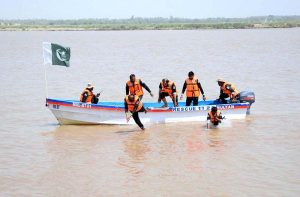 Rescue 1122 teams demonstrated emergency rescue and life-saving techniques during the third pre-flood preparedness mock exercise held at Head Muhammad Wala on the Chenab River.