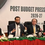Information Minister Attaullah Tarar along with Finance Minister Muhammad Aurangzeb and Minister of State for Finance Bilal Azhar Kayani addresses a post-budget press briefing on the Federal Budget 2026–27 at P-Block, Pakistan Secretariat