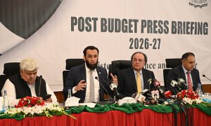 Information Minister Attaullah Tarar along with Finance Minister Muhammad Aurangzeb and Minister of State for Finance Bilal Azhar Kayani addresses a post-budget press briefing on the Federal Budget 2026–27 at P-Block, Pakistan Secretariat