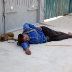 A juggler takes a nap with his pet monkey after getting tired in the scorching heat outside a house along a city street