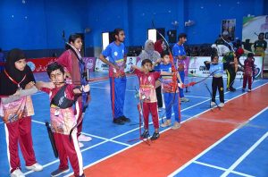 Young archers demonstrate their skills during the Commissioner Cup Faisalabad Division Archery Championship 2026 at Al-Fateh Sports Complex.