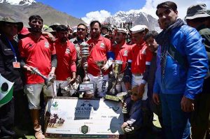Players of the winning team of Chitral Laspur celebrate their victory during the Shandur Polo Festival 2026