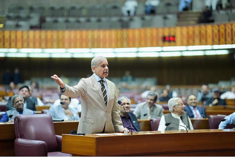 Prime Minister Muhammad Shehbaz Sharif addresses a session of the National Assembly