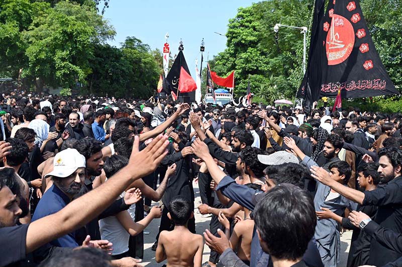 Mourners beating themselves during main procession on 9th Muharramul Haram at G-6. Muharramul Harram known as the first month of the Islamic calendar and the mourning month in remembrance of the martyrdom (Shahadat) of Hazrat Imam Hussain (RA), the grandson of the Holy Prophet Mohammad (PBUH)