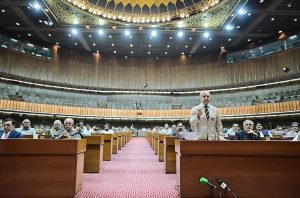 Prime Minister Muhammad Shehbaz Sharif addresses a session of the National Assembly