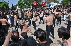 Mourners beating themselves during main procession on 9th Muharramul Haram at G-6. Muharramul Harram known as the first month of the Islamic calendar and the mourning month in remembrance of the martyrdom (Shahadat) of Hazrat Imam Hussain (RA), the grandson of the Holy Prophet Mohammad (PBUH)
