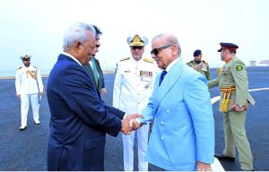 Governor Sindh Syed Nehal Hashmi receives Prime Minister Muhammad Shehbaz Sharif upon arrival at PNS Qasim