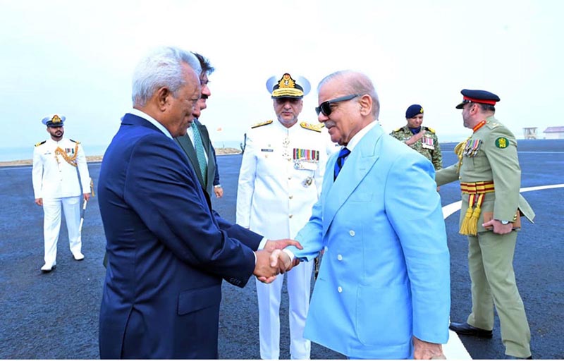 Governor Sindh Syed Nehal Hashmi receives Prime Minister Muhammad Shehbaz Sharif upon arrival at PNS Qasim