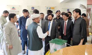 Chief Election Commissioner Gilgit-Baltistan Raja Shahbaz Khan, along with the District Returning Officer, visits various polling stations to review polling arrangements and ensure the smooth conduct of the election process.