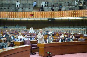 Prime Minister Muhammad Shehbaz Sharif addresses a session of the National Assembly