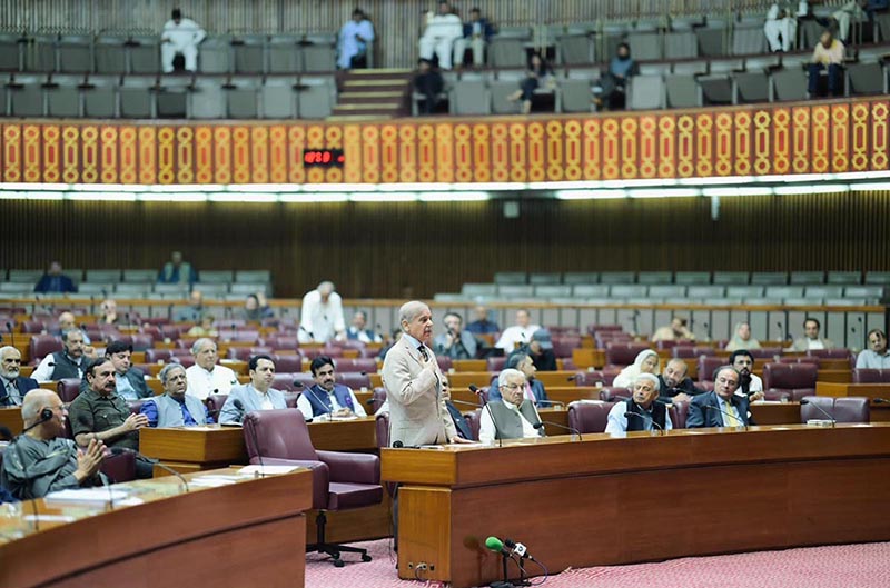 Prime Minister Muhammad Shehbaz Sharif addresses a session of the National Assembly