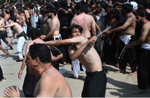 Mourners oozing themselves with knives and chains during main procession on 9th Muharramul Haram at G-6. Muharramul Harram known as the first month of the Islamic calendar and the mourning month in remembrance of the martyrdom (Shahadat) of Hazrat Imam Hussain (RA), the grandson of the Holy Prophet Mohammad (PBUH)
