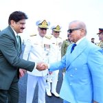 Chief Minister Sindh Syed Murad Ali Shah receives Prime Minister Muhammad Shehbaz Sharif upon arrival at PNS Qasim