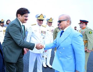 Chief Minister Sindh Syed Murad Ali Shah receives Prime Minister Muhammad Shehbaz Sharif upon arrival at PNS Qasim
