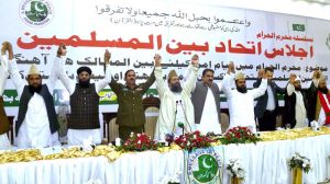 Maulana Syed Muhammad Abdul Khabir Azad, Imam of Badshahi Mosque and Ambassador of Peace, along with Commissioner Bahawalpur Irfan Ali Kathia, Regional Police Officer Ghazi Muhammad Salahuddin, Deputy Commissioner Syed Hassan Raza, and other scholars, holding hands to express solidarity.