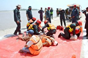 Rescue 1122 teams demonstrated emergency rescue and life-saving techniques during the third pre-flood preparedness mock exercise held at Head Muhammad Wala on the Chenab River.