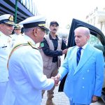 Chief of Naval Staff Admiral Naveed Ashraf receives Prime Minister Muhammad Shehbaz Sharif upon arrival at Pakistan Naval Academy, PNS Rahbar