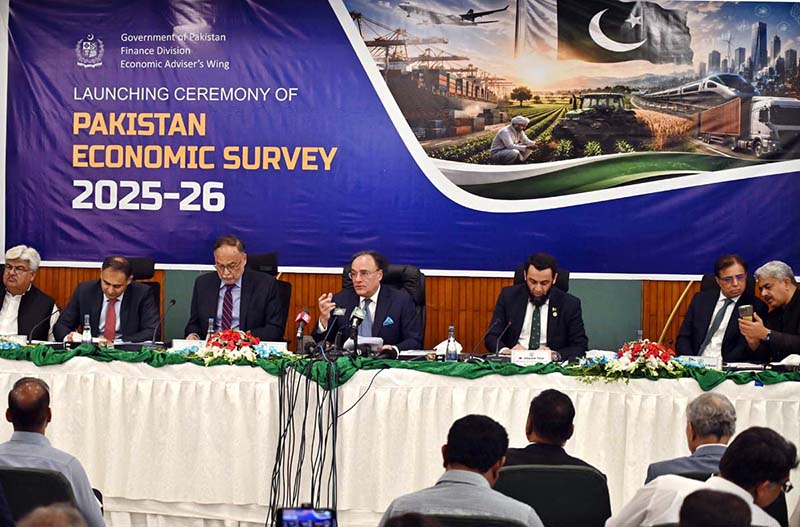 Finance Minister Muhammad Aurangzeb addressing the launching ceremony of Pakistan Economic Survey 2025-2026