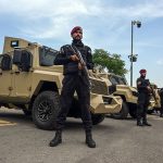 Security personnel stand alert at Parliament House to maintain law and order during the Federal Budget 2026–27 proceedings in the National Assembly in the federal capital