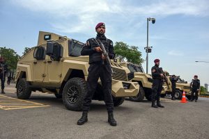 Security personnel stand alert at Parliament House to maintain law and order during the Federal Budget 2026–27 proceedings in the National Assembly in the federal capital