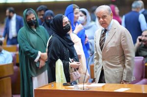 Prime Minister Muhammad Shehbaz Sharif meets MNAs in the budget session of the National Assembly