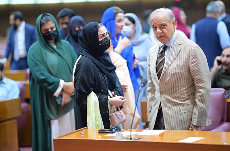 Prime Minister Muhammad Shehbaz Sharif meets MNAs in the budget session of the National Assembly