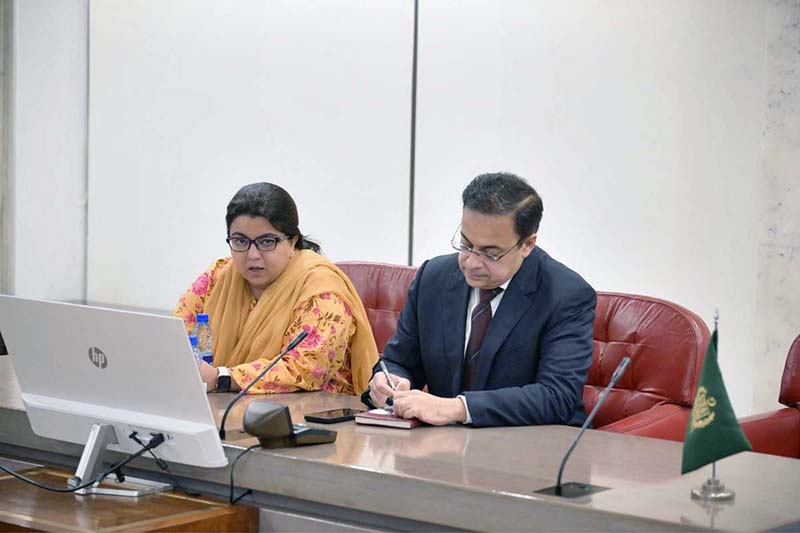 Federal Minister for Economic Affairs Ahad Cheema chairs a review meeting on the Prime Minister's Office System (PMOS). Federal Minister for IT Shaza Fatima Khawaja also attended the meeting