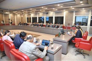 Federal Minister for Economic Affairs Ahad Cheema chairs a review meeting on the Prime Minister's Office System (PMOS). Federal Minister for IT Shaza Fatima Khawaja also attended the meeting