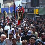 A large number of mourners attending the 9th Muharram Zuljinah procession passes through Saadar Road. Muharramul Haram is known as the first month of the Islamic calendar and the mourning month in remembrance of the martyrdom (Shahadat) of Hazrat Imam Hussain (RA), the grandson of the Holy Prophet Mohammad (PBUH)