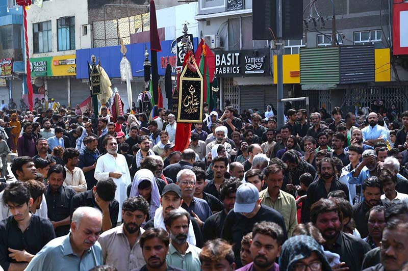 A large number of mourners attending the 9th Muharram Zuljinah procession passes through Saadar Road. Muharramul Haram is known as the first month of the Islamic calendar and the mourning month in remembrance of the martyrdom (Shahadat) of Hazrat Imam Hussain (RA), the grandson of the Holy Prophet Mohammad (PBUH)