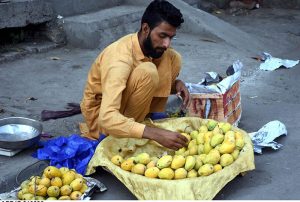 A woman vendor displays and sells seasonal litchis to attract customers.