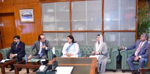 First Lady Bibi Asifa Bhutto Zardari attends a briefing by Chairperson Benazir Income Support Programme (BISP) Senator Rubina Khalid at Parliament House.