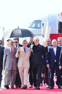 President Asif Ali Zardari and Prime Minister Muhammad Shehbaz Sharif receiving the President of Islamic Republic of Iran, Dr. Masoud Pezeshkian at Nur Khan Airbase.