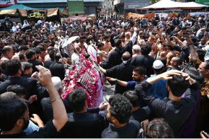 A large number of mourners attending the 9th Muharram Zuljinah procession passes through Saadar Road. Muharramul Haram is known as the first month of the Islamic calendar and the mourning month in remembrance of the martyrdom (Shahadat) of Hazrat Imam Hussain (RA), the grandson of the Holy Prophet Mohammad (PBUH)