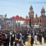 A large number of mourners attending Tazia procession on 10th of Holy Month of Muharram-ul-Harram. Muharram is the mourning month in remembrance of the Shahadat of Hazrat Imam Hussain (RA), the Grandson of the Holy Prophet Mohammad (PBUH)