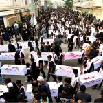 Mourners participate in the Soyem procession in remembrance of the martyrs of Karbala (Shuhada-e-Karbala), honoring the 72 loyal companions and family members of Hazrat Imam Hussain (AS) who sacrificed their lives on the Day of Ashura. The procession passes through various roads of the city