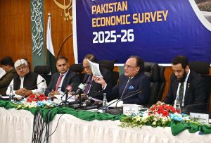 Finance Minister Muhammad Aurangzeb addressing the launching ceremony of Pakistan Economic Survey 2025-2026