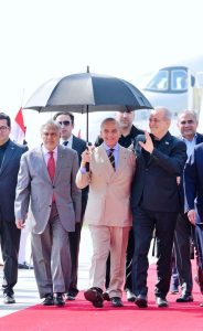 President Asif Ali Zardari and Prime Minister Muhammad Shehbaz Sharif receiving the President of Islamic Republic of Iran, Dr. Masoud Pezeshkian at Nur Khan Airbase.