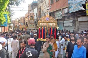 A large number of mourners attending Tazia procession on 10th of Holy Month of Muharram-ul-Harram. Muharram is the mourning month in remembrance of the Shahadat of Hazrat Imam Hussain (RA), the Grandson of the Holy Prophet Mohammad (PBUH)